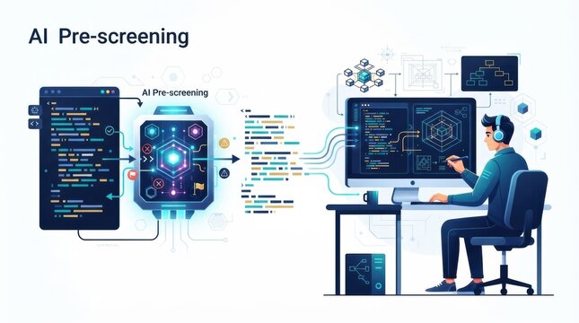 Programmers are reviewing code for AI pre-screening while using computers and software tools in a tech workspace.