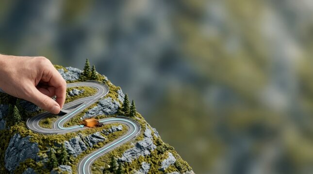 Hand rerouting a toy car on a miniature mountain switchback road illustrating supply-chain rerouting