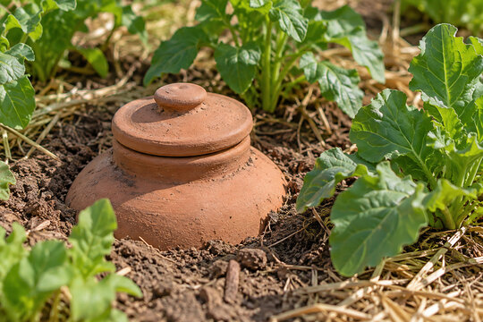 Terracotta irrigation pot partly buried among garden plants