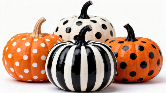 Group of decorated Halloween pumpkins with painted black and white stripes and polka dots isolated on white background., halloween holiday festive image design