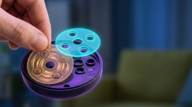 Person holding remote control device while lifting silicone button membrane to visualize circular electronics design concept