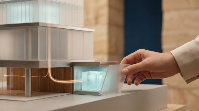 Person's hand closing a thermal storage panel on a model of a house featuring a compact architecture design
