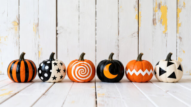 Decorated halloween pumpkins in a row against white wooden background for festive decor, halloween holiday festive image design