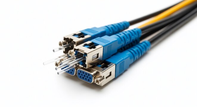 Close up of high speed fiber optic cables plugged into patch panel ports in a data center server room for fast network internet connection.