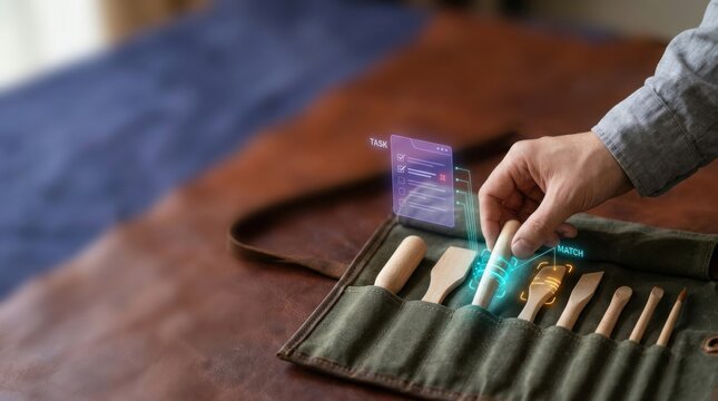 Ai tool selection illustrated through a realistic canvas artist brush roll containing differently shaped handles