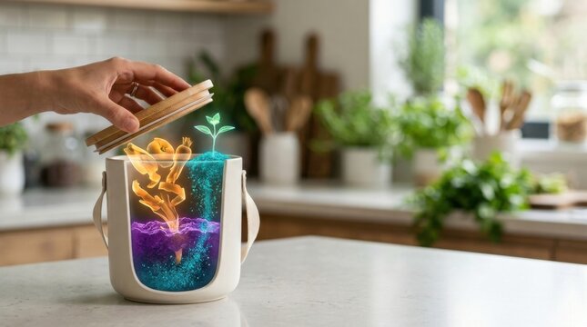 Holding a tooth brush to visualize resource recovery with a realistic compact kitchen compost caddy and bamboo lid
