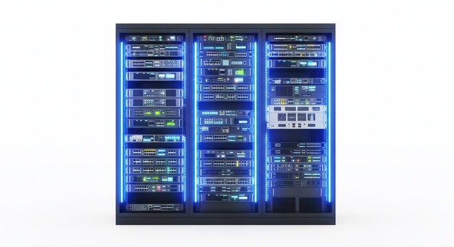 Modern high-speed data center rack with glowing blue network equipment and server lights in dark room for cloud computing and cybersecurity