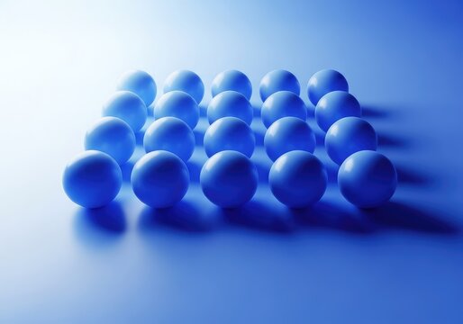 Minimalist abstract illustration showing many identical spheres floating perfectly aligned on a uniform background, representing timing, concurrent, simultaneous, ball