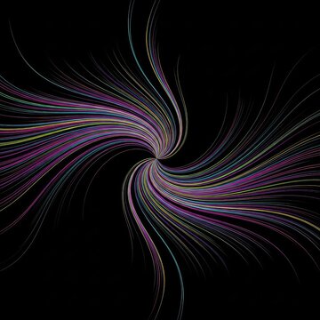 Swirling lines of potential energy across a black field illustrating abstract concepts of universal force, distortion, and deep spatial fields, singularity, cosmic, curve