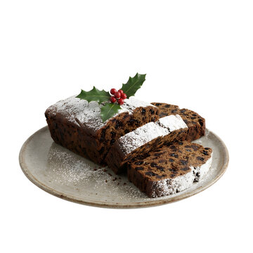 Traditional Christmas fruitcake loaf sliced on a ceramic plate, decorated with icing sugar and festive holly leaves, isolated on a transparent background for holiday seasonal food designs.