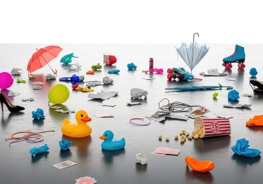 Wide angle view of a large, mostly empty floor space littered with random, scattered objects creating a sense of total disorder and chaos, confusion, mess, surface