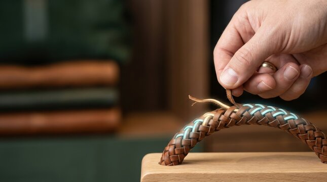 Hand tightening a woven leather handle attached to a small wooden base in a visualization of customer churn prevention