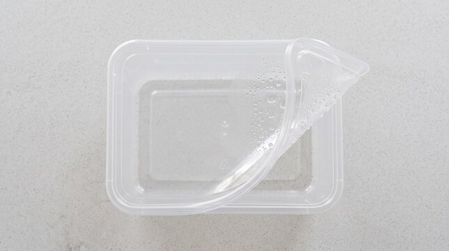Clear plastic food container with open lid displaying condensation droplets inside viewed from directly above against a neutral grey stone textured countertop background