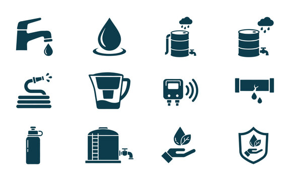 Water conservation and plumbing maintenance icons for eco-friendly infrastructure with plumbing symb