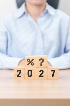 2027 New year with questions mark and percentage icon. Interest rate, GDP, stocks market, financial, deflation and Inflation, mortgage, debt, Loan and Economic Recession