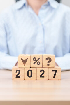 2027 New year with questions mark and percentage icon. Interest rate, GDP, stocks market, financial, deflation and Inflation, mortgage, debt, Loan and Economic Recession
