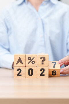 2026 to 2027 New year with questions mark and percentage icon. Interest rate, GDP, stocks market, financial, deflation and Inflation, mortgage, debt, Loan and Economic Recession
