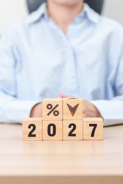 2027 New year with percentage change to UP and Down arrow. Interest rate, GDP, stocks market, financial, deflation and Inflation, mortgage, debt, Loan and Economic Recession