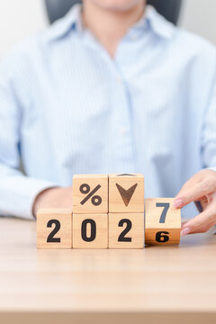2027 New year with percentage change to UP and Down arrow. Interest rate, GDP, stocks market, financial, deflation and Inflation, mortgage, debt, Loan and Economic Recession
