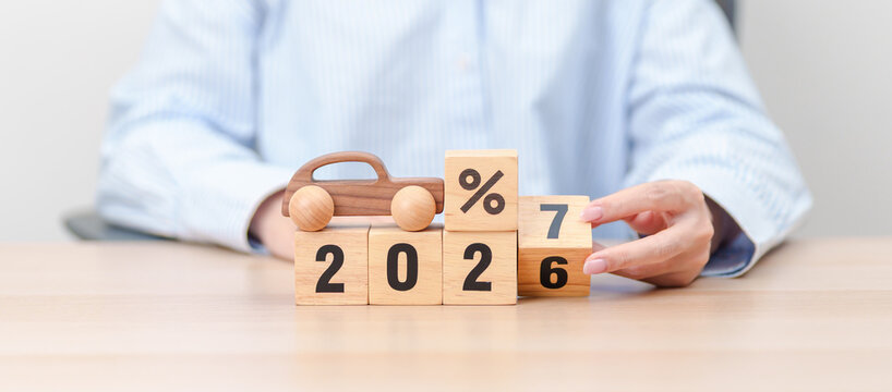 2027 New Year with percentage change to UP and Down arrow with car model. Car loan, Interest rate, Insurance, Financial, vehicle Repair, Automobile Tax, mortgage and Maintenance