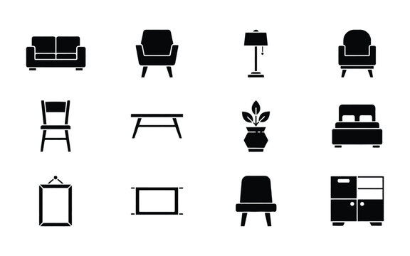 Set of minimalist black home furniture and interior decor icons with interior design
