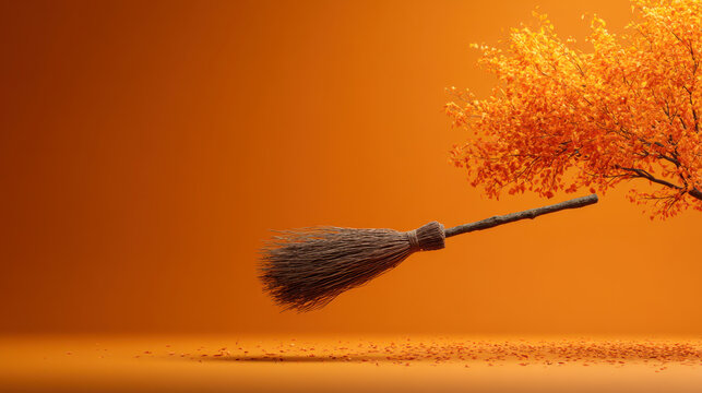 Halloween witch's broomstick flying. Minimal holiday celebration horror concept