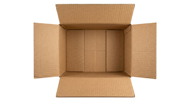 Top view of open cardboard box isolated on white background, open cardboard box png image, cardboard box for craft
