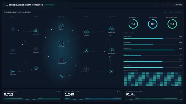 Ai consciousness research monitor dashboard with glowing network graph nodes, circular performance gauges analytics in 4k, for artificial intelligence analysis