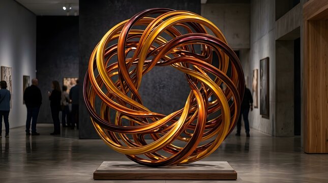 Abstract golden metal sculpture displayed in a modern art gallery