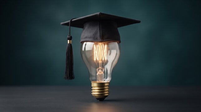 Illuminating Academia: A vintage incandescent light bulb, topped with a graduation cap, symbolizes the spark of knowledge and academic achievement.
