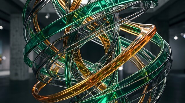 Abstract glass rings sculpture with green and orange light reflections