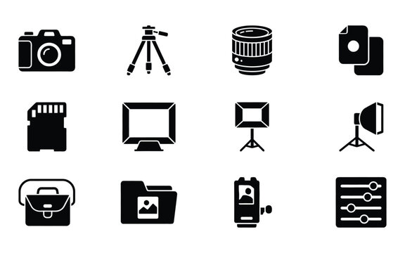Black photography equipment and digital media editing icons with photography icon