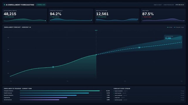 Ai enrollment forecasting dashboard with live kpi cards, glowing 4k analytics line chart program bars, for data driven planning, prediction accuracy growth
