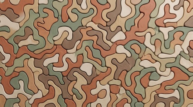Abstract Pattern of Interlocking Organic Shapes in Earthy Tones of Brown, Green, and Beige