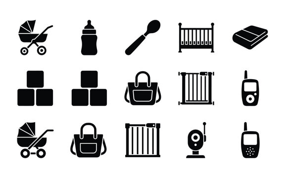 Set of black baby care and parenting equipment icons with baby icon baby carriage baby bottle