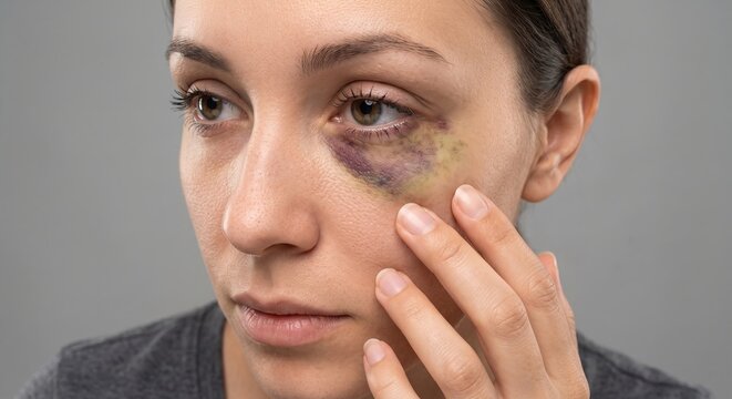 Close Up of Depressed Young Woman Touching Severe Black Eye Bruise