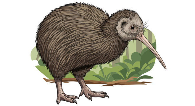 A detailed illustration of a brown kiwi bird with a long beak standing in a natural, lush green forest environment.