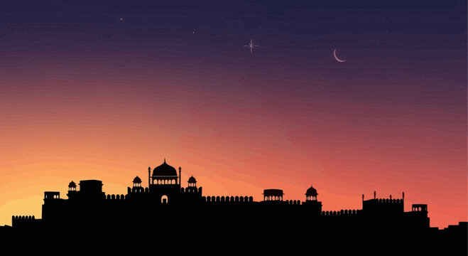 A silhouette of an ancient Indian fort or palace with domes and minarets against a beautiful sunset sky featuring a crescent moon and a bright star.