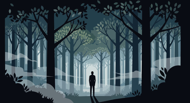 A solitary figure stands in a dark, misty forest, looking towards a distant light, evoking a sense of mystery and contemplation.