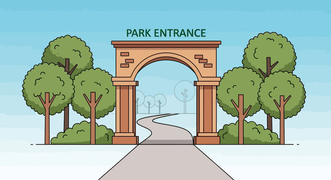 A cartoon illustration depicting a welcoming park entrance with a stone archway, green trees, and a winding path leading into a serene natural landscape.
