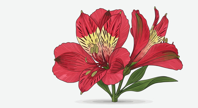 A detailed illustration of vibrant red Alstroemeria flowers with yellow markings on a white background, showcasing their intricate petals and green stems.