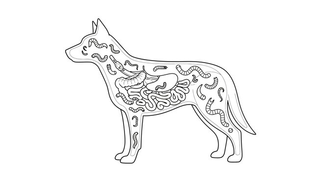 Line drawing of a dog's internal anatomy showing various parasitic worms.
