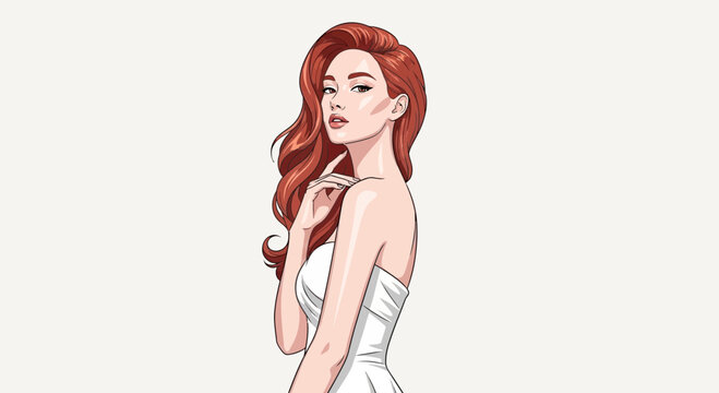 Elegant illustration of a woman with long red hair looking over her shoulder in a white dress.