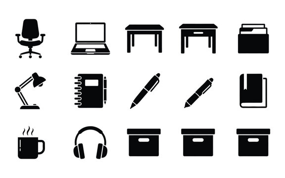 Set of black office and workspace icon symbols including computer furniture stationery