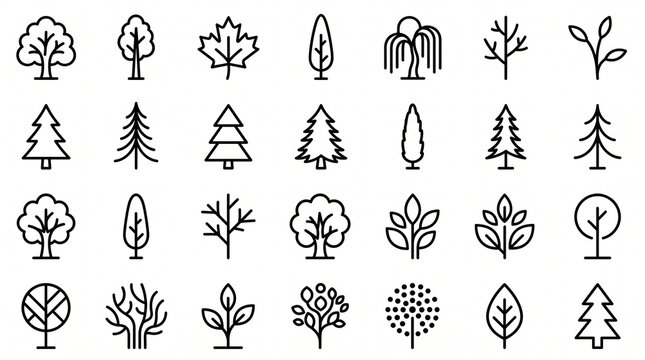 Minimalist Vector Outline Tree Icons Set. Collection of Nature and Plant Line Art Graphics for Web Design, UI, and Infographics.