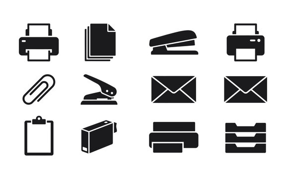Collection of business administrative and printing office supply equipment icons in black silhouette