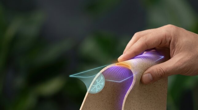 Person bending a natural rubber sheet sample to illustrate sustainable material substitution in design