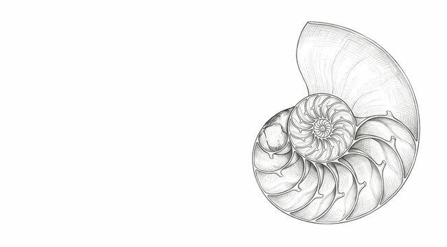 Chambered nautilus shell anatomical cross section showing internal spiral chambers. Detailed pencil sketch with left copy space.