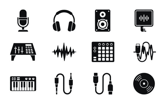 Audio recording and music production studio equipment icons including instruments sound waves