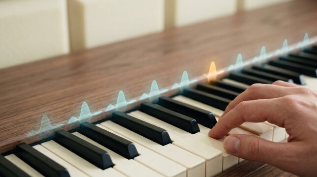 Person pressing ivory and ebony piano key visualizing cybersecurity anomaly detection in realistic detailed setting